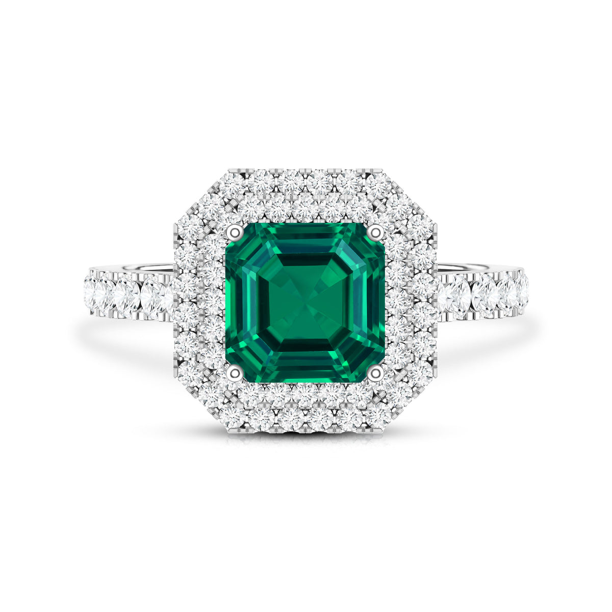 Asscher Cut 6 Carat Lab Created Emerald Engagement Ring with Diamond Double Halo AAAA - Rosec Jewels