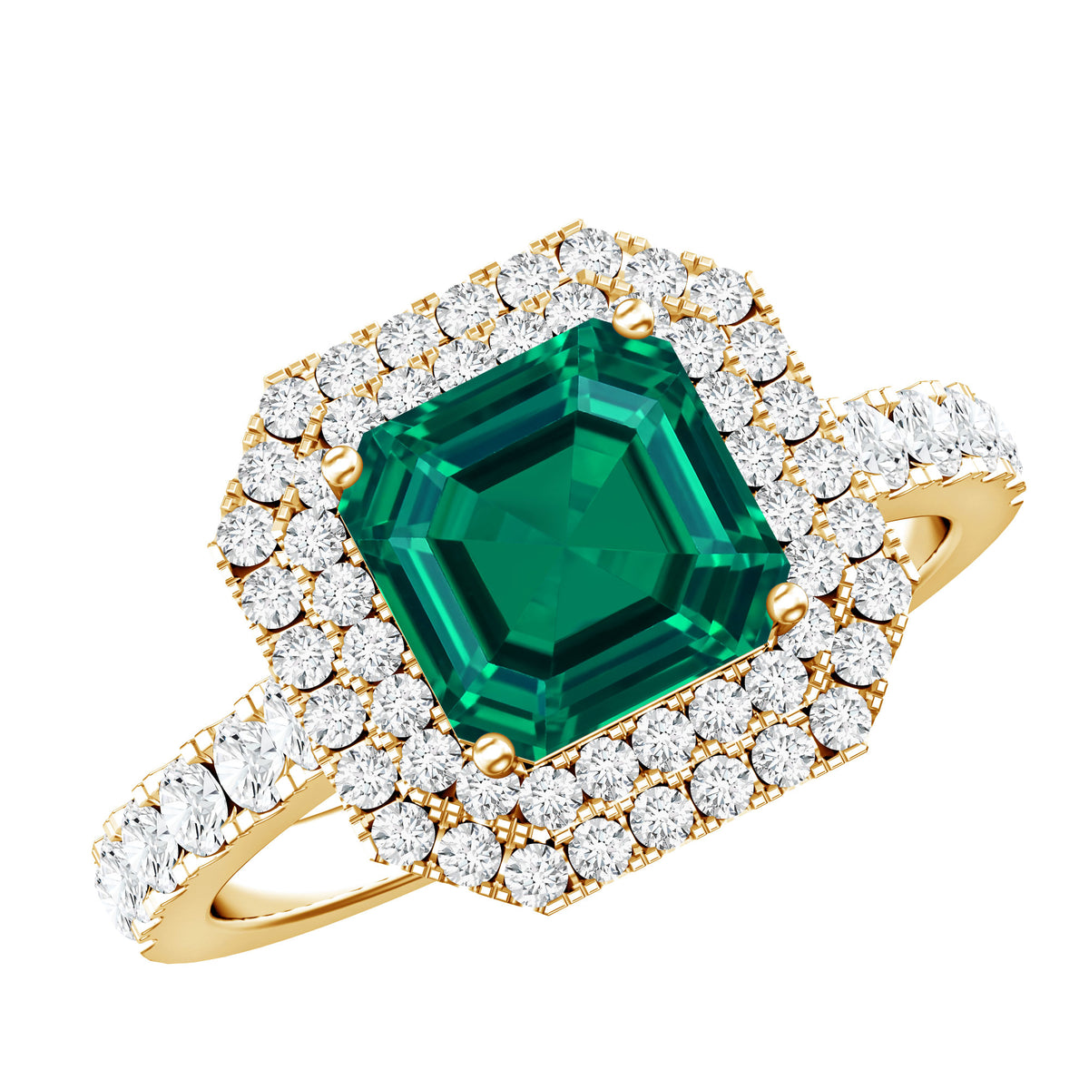Asscher Cut 6 Carat Lab Created Emerald Engagement Ring with Diamond Double Halo AAAA - Rosec Jewels