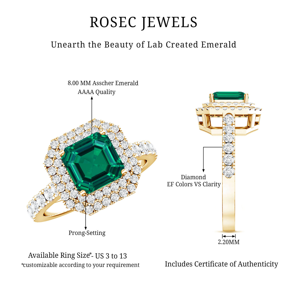 Asscher Cut 6 Carat Lab Created Emerald Engagement Ring with Diamond Double Halo AAAA - Rosec Jewels
