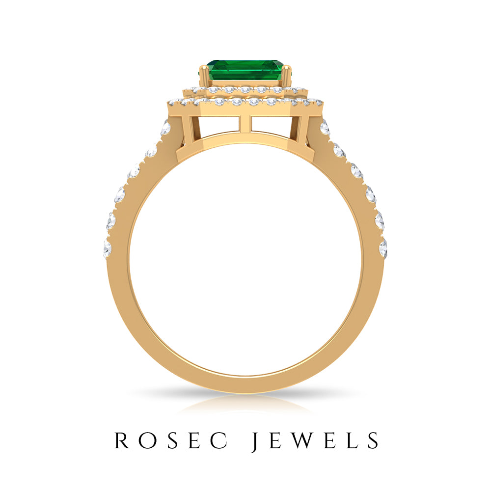 Asscher Cut 6 Carat Lab Created Emerald Engagement Ring with Diamond Double Halo AAAA - Rosec Jewels