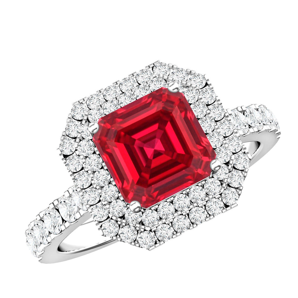4.8 Carat Asscher Cut Lab Ruby Double Halo Engagement Ring with Diamond AAAA - Rosec Jewels