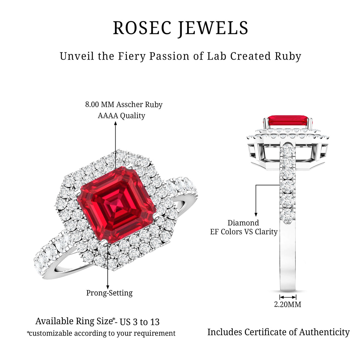 4.8 Carat Asscher Cut Lab Ruby Double Halo Engagement Ring with Diamond AAAA - Rosec Jewels