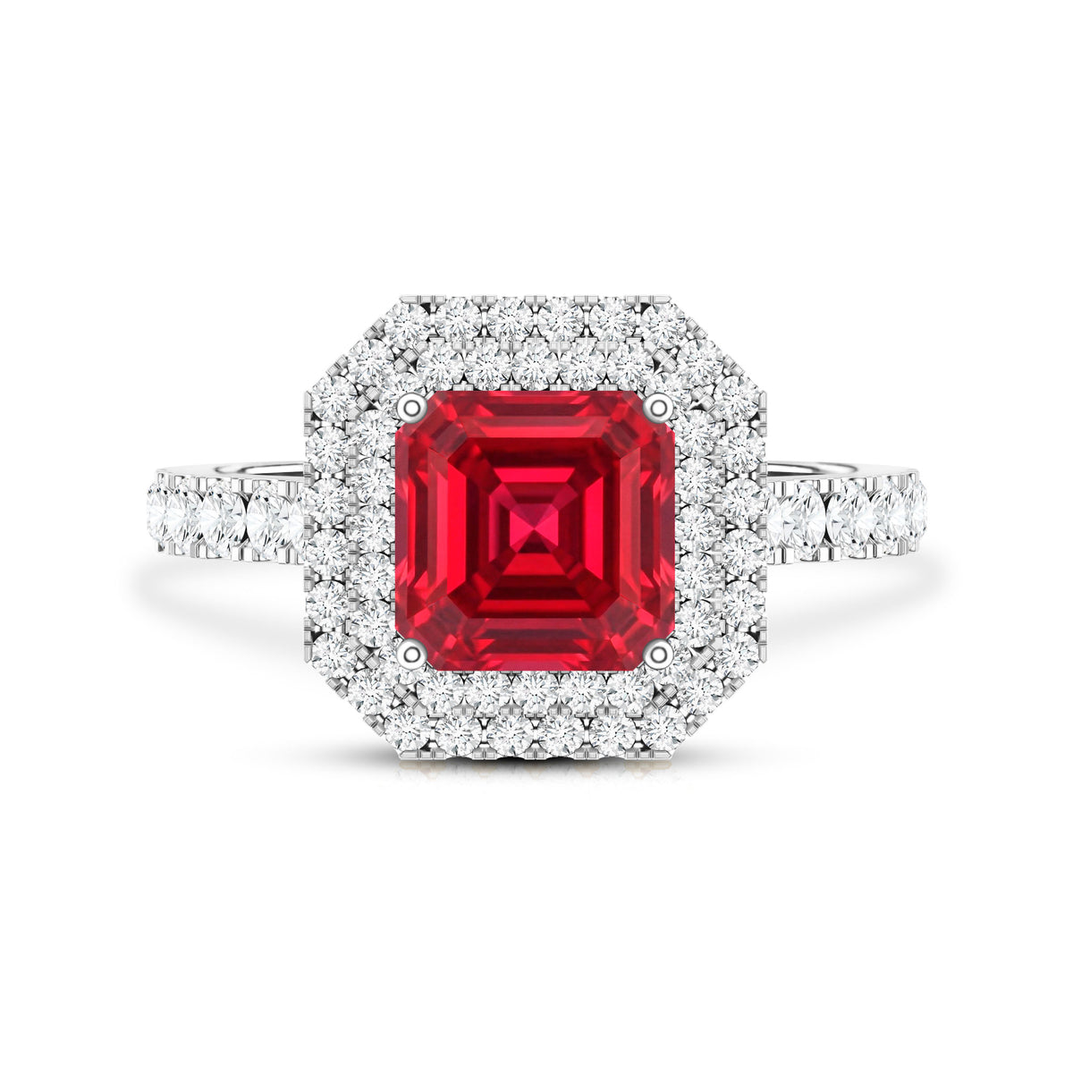 4.8 Carat Asscher Cut Lab Ruby Double Halo Engagement Ring with Diamond AAAA - Rosec Jewels
