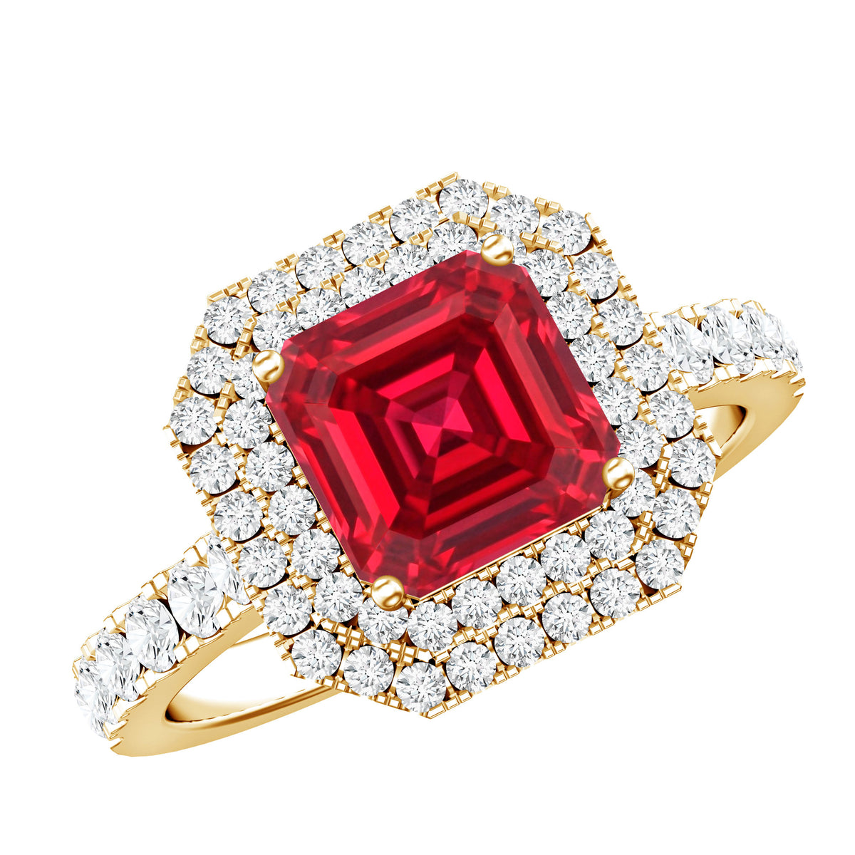 4.8 Carat Asscher Cut Lab Ruby Double Halo Engagement Ring with Diamond AAAA - Rosec Jewels