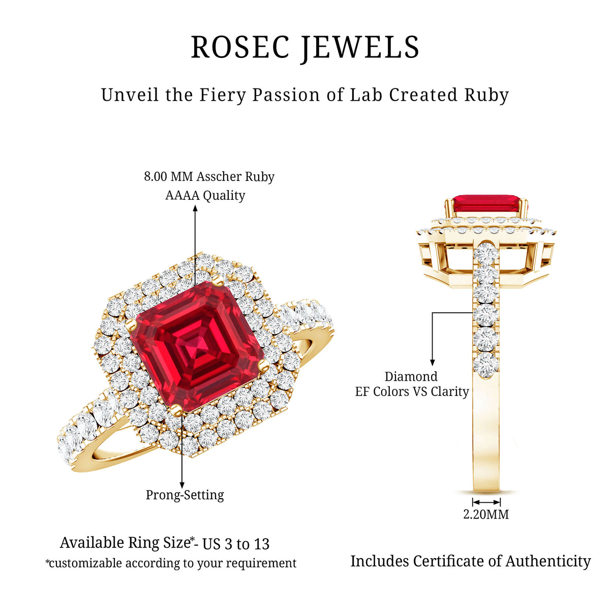 4.8 Carat Asscher Cut Lab Ruby Double Halo Engagement Ring with Diamond AAAA - Rosec Jewels