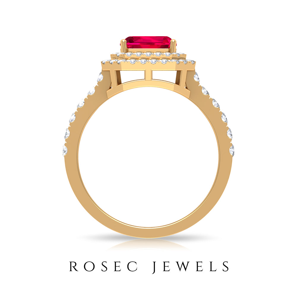 4.8 Carat Asscher Cut Lab Ruby Double Halo Engagement Ring with Diamond AAAA - Rosec Jewels