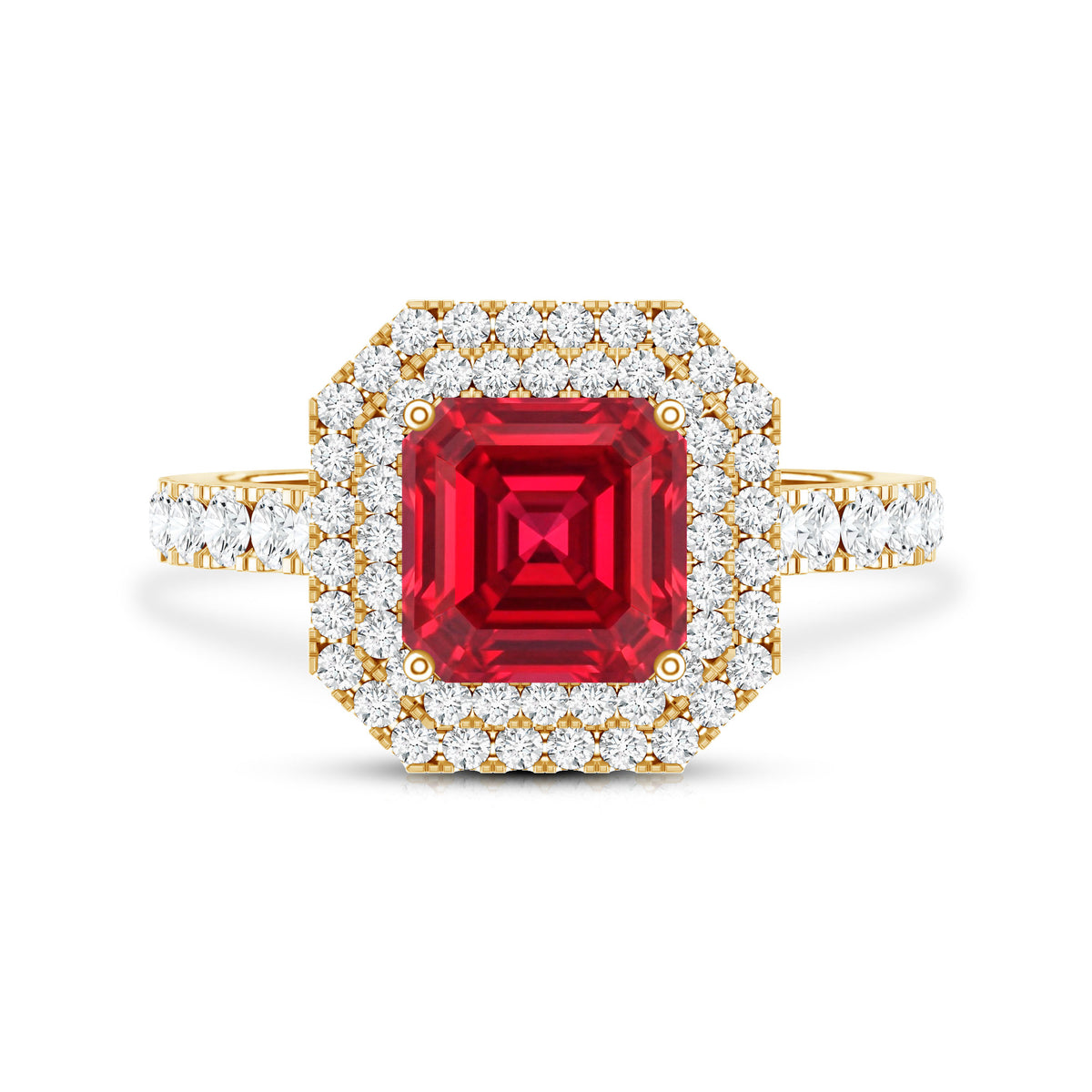 4.8 Carat Asscher Cut Lab Ruby Double Halo Engagement Ring with Diamond AAAA - Rosec Jewels