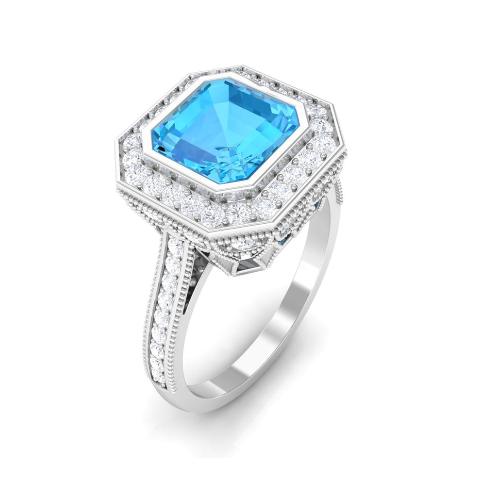 7 MM Asscher Cut Swiss Blue Topaz with Moissanite Side Stone Ring Swiss Blue Topaz - ( AAA ) - Quality - Rosec Jewels