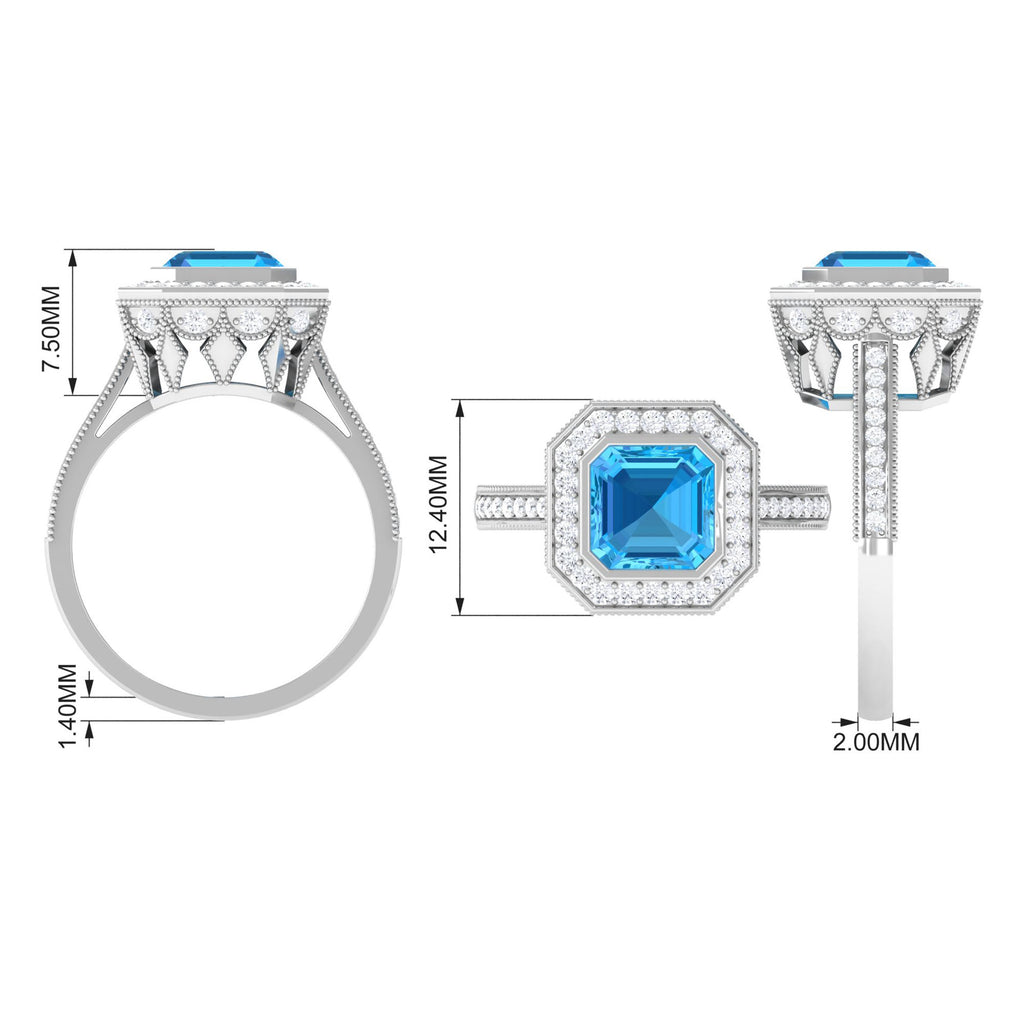 7 MM Asscher Cut Swiss Blue Topaz with Moissanite Side Stone Ring Swiss Blue Topaz - ( AAA ) - Quality - Rosec Jewels