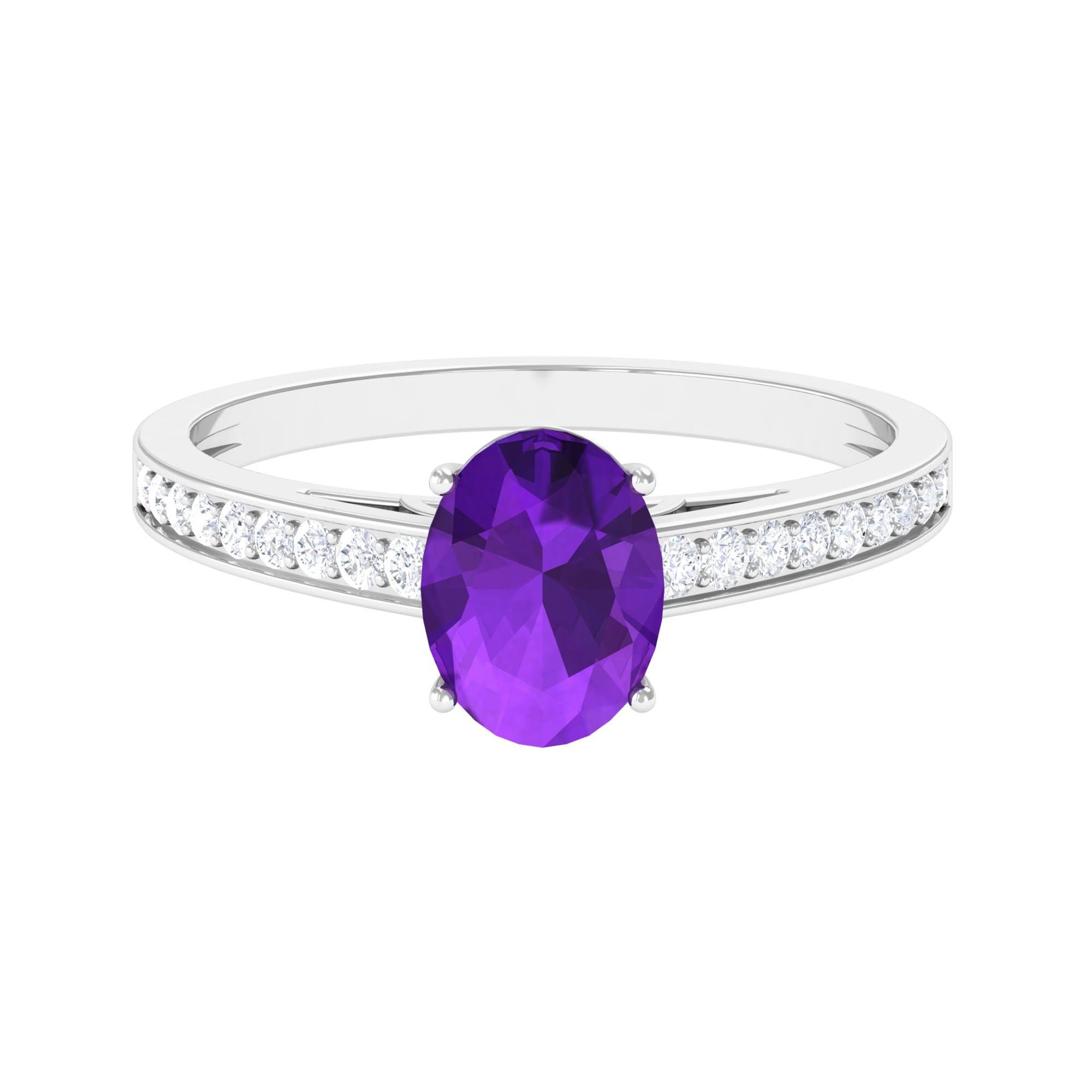 4 Prong Set Amethyst Solitaire and Diamond Ring Amethyst - ( AAA ) - Quality - Rosec Jewels