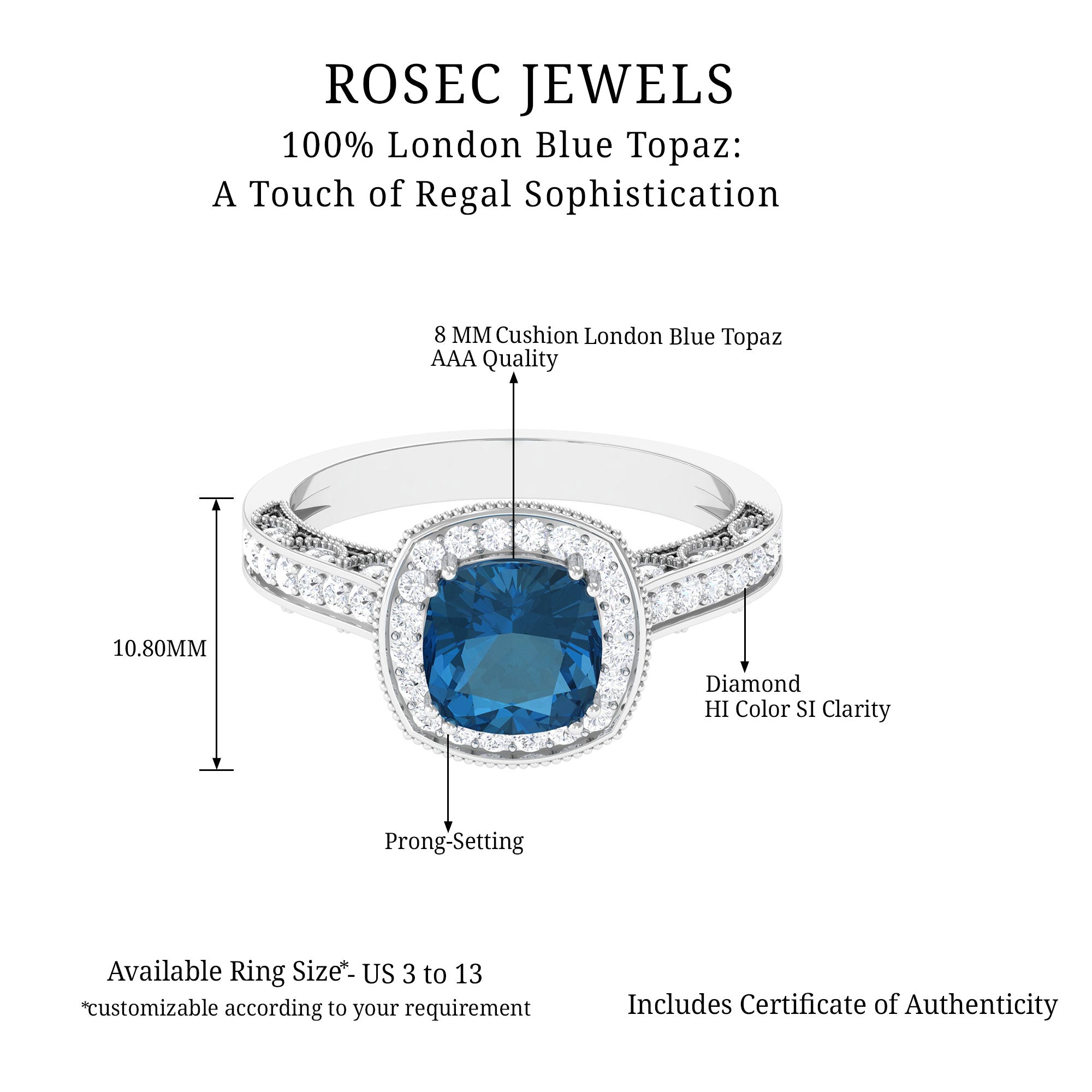 Vintage Style London Blue Topaz and Diamond Crown Engagement Ring London Blue Topaz - ( AAA ) - Quality - Rosec Jewels