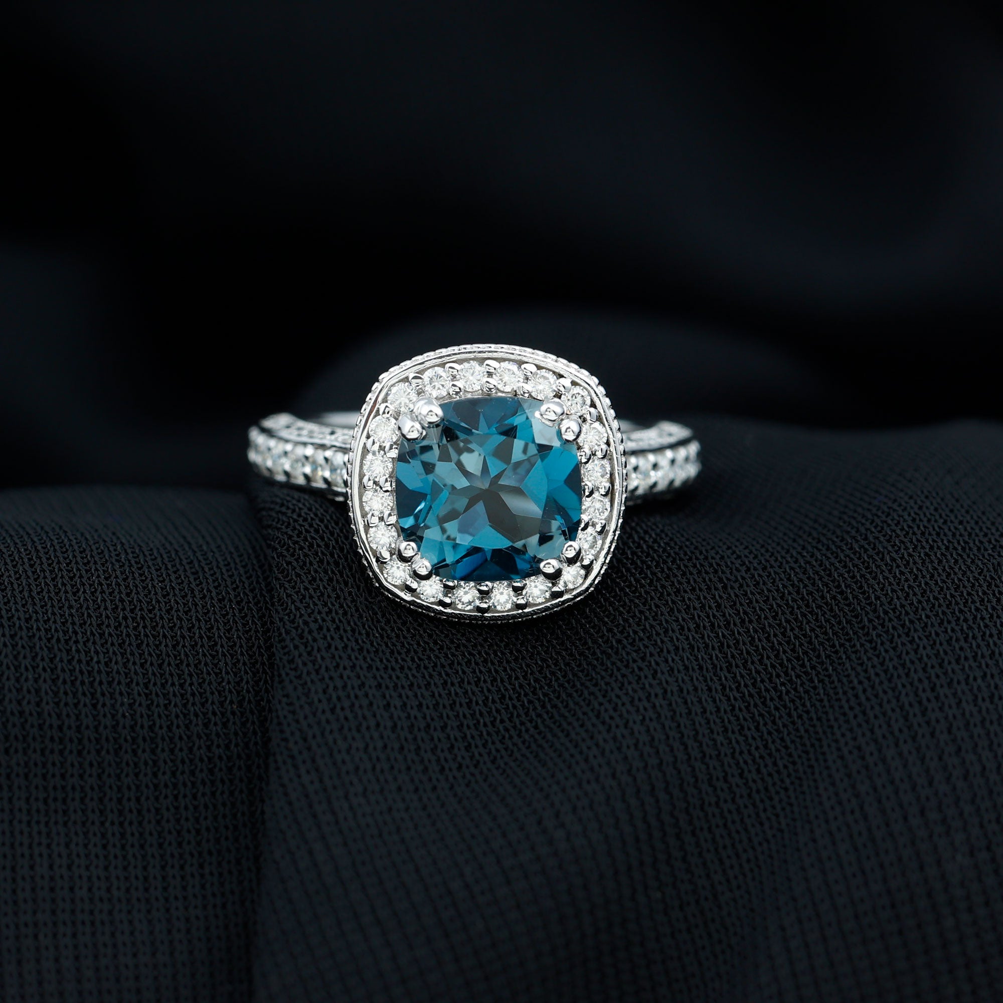 8mm Cushion Cut London Blue Topaz Vintage Inspired Ring with Diamond Halo AAA - Rosec Jewels