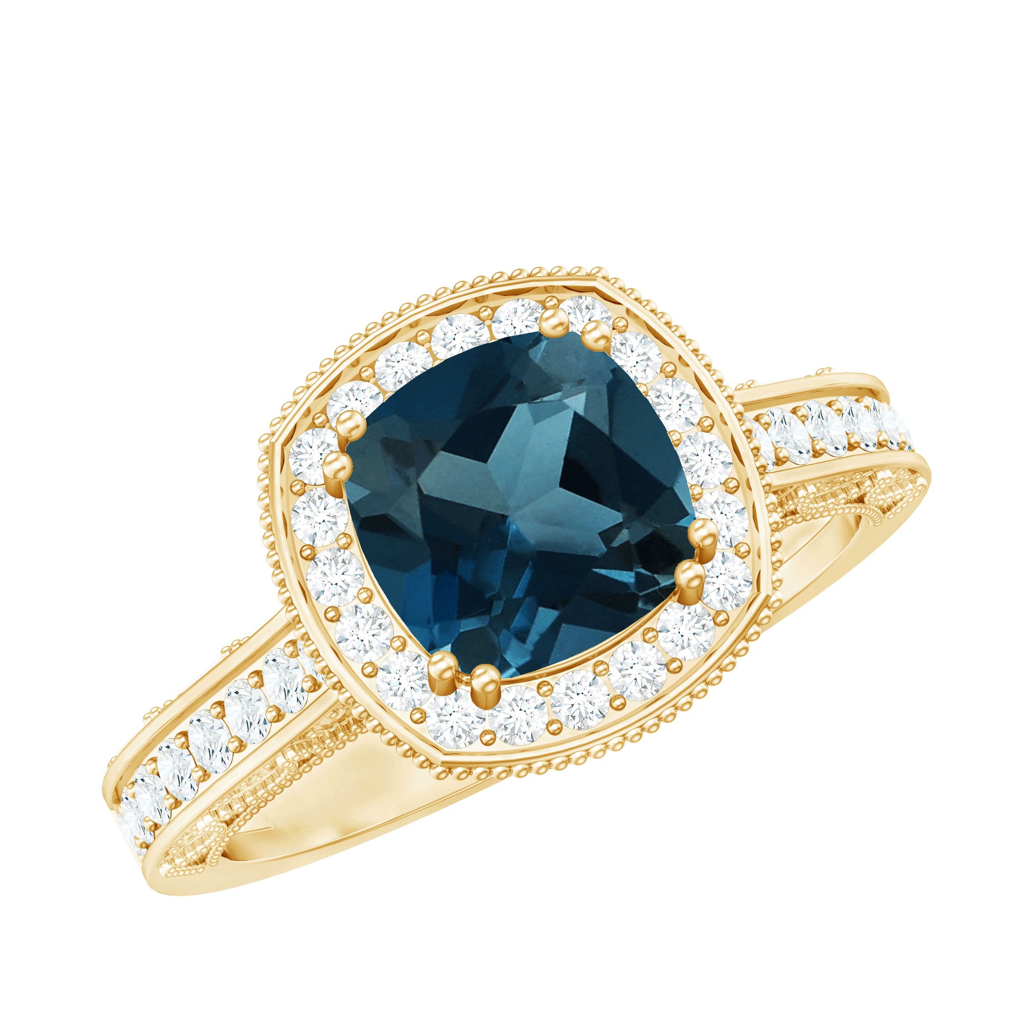 8mm Cushion Cut London Blue Topaz Vintage Inspired Ring with Diamond Halo AAA - Rosec Jewels