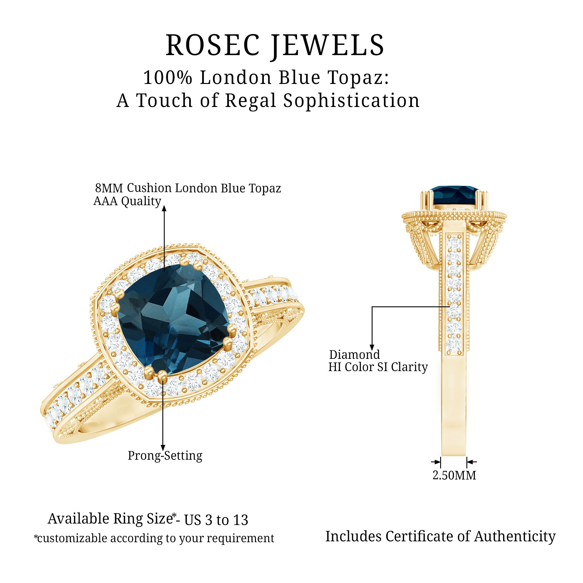 8mm Cushion Cut London Blue Topaz Vintage Inspired Ring with Diamond Halo AAA - Rosec Jewels