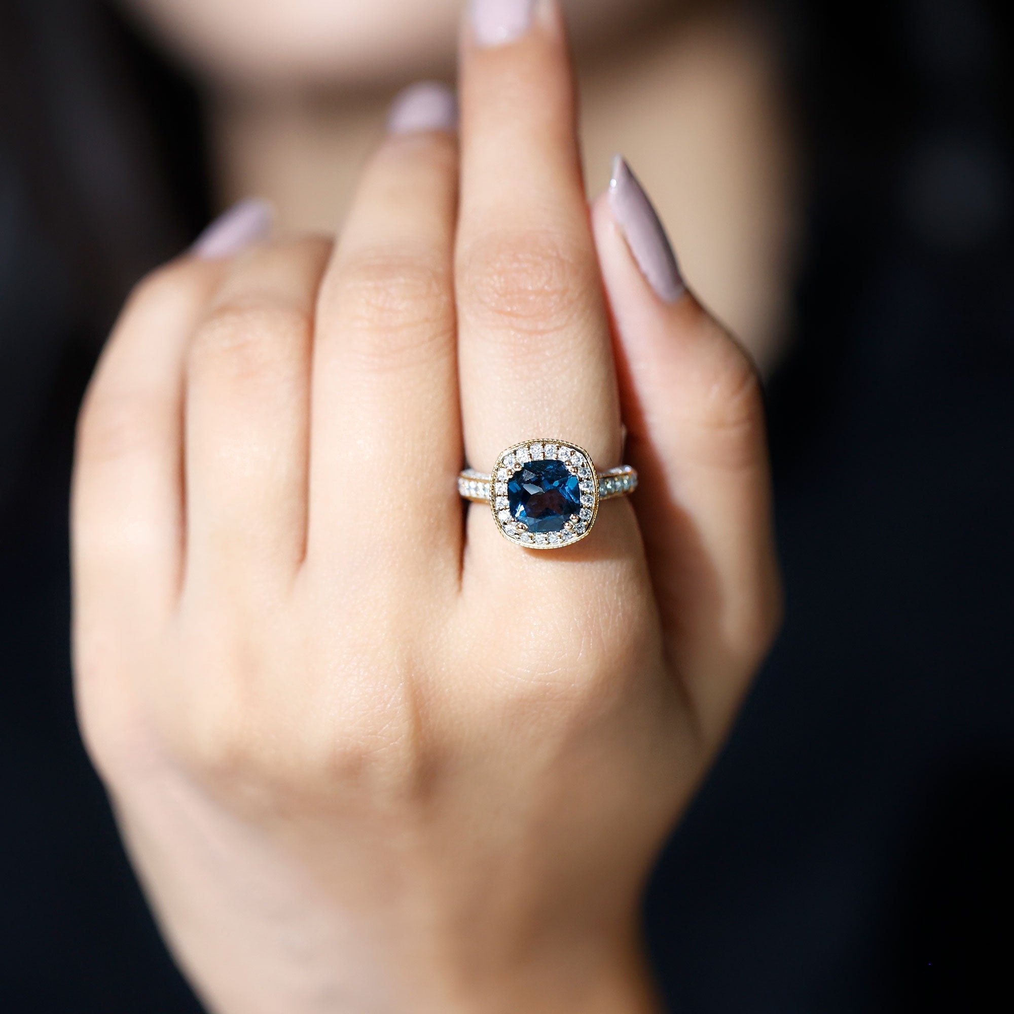 8mm Cushion Cut London Blue Topaz Vintage Inspired Ring with Diamond Halo AAA - Rosec Jewels