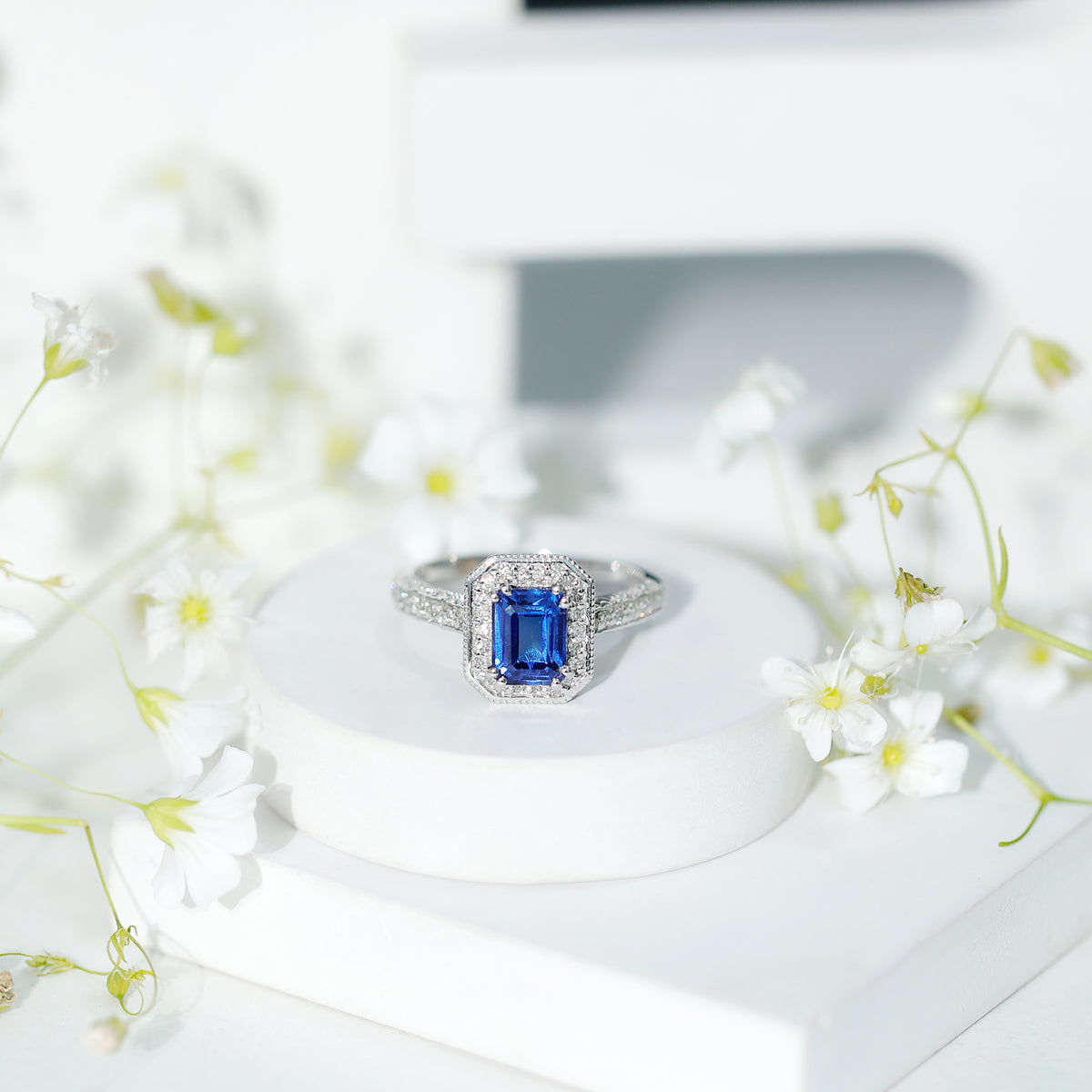 Certified 1.7 Carat Lab Grown Blue Sapphire Emerald Cut Engagement Ring with Diamond Halo AAAA - Rosec Jewels