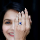 Certified 1.7 Carat Lab Grown Blue Sapphire Emerald Cut Engagement Ring with Diamond Halo AAAA - Rosec Jewels
