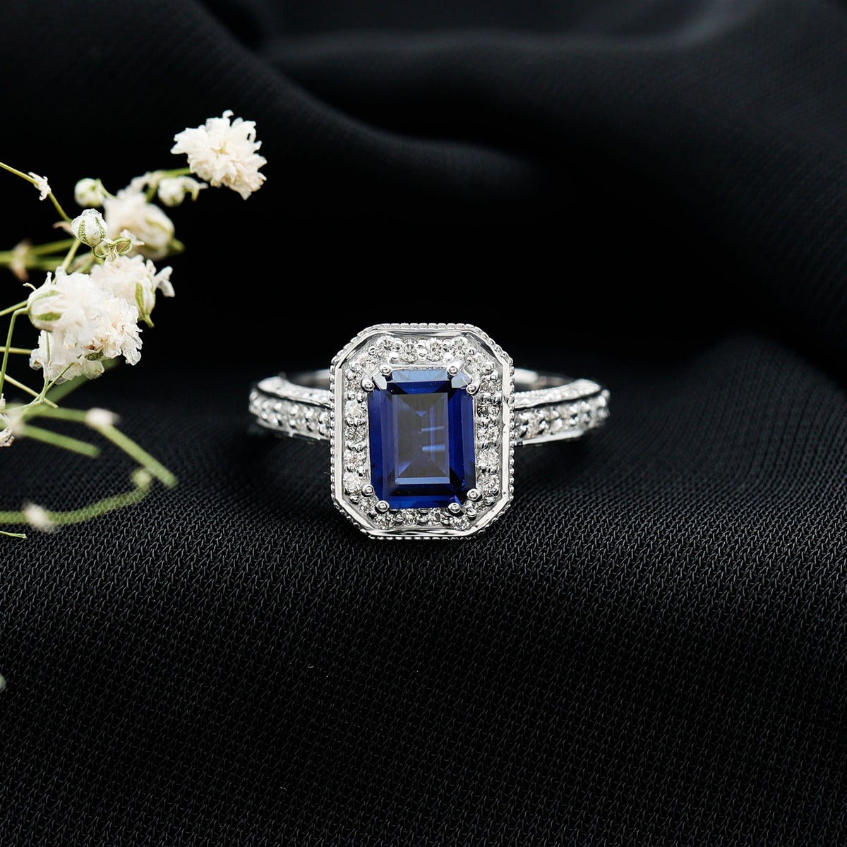 Certified 1.7 Carat Lab Grown Blue Sapphire Emerald Cut Engagement Ring with Diamond Halo AAAA - Rosec Jewels