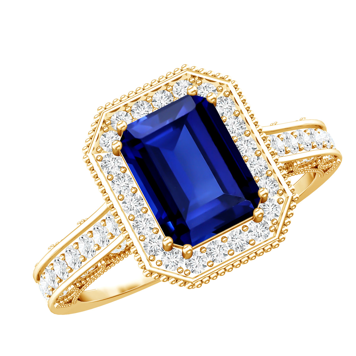 Certified 1.7 Carat Lab Grown Blue Sapphire Emerald Cut Engagement Ring with Diamond Halo AAAA - Rosec Jewels