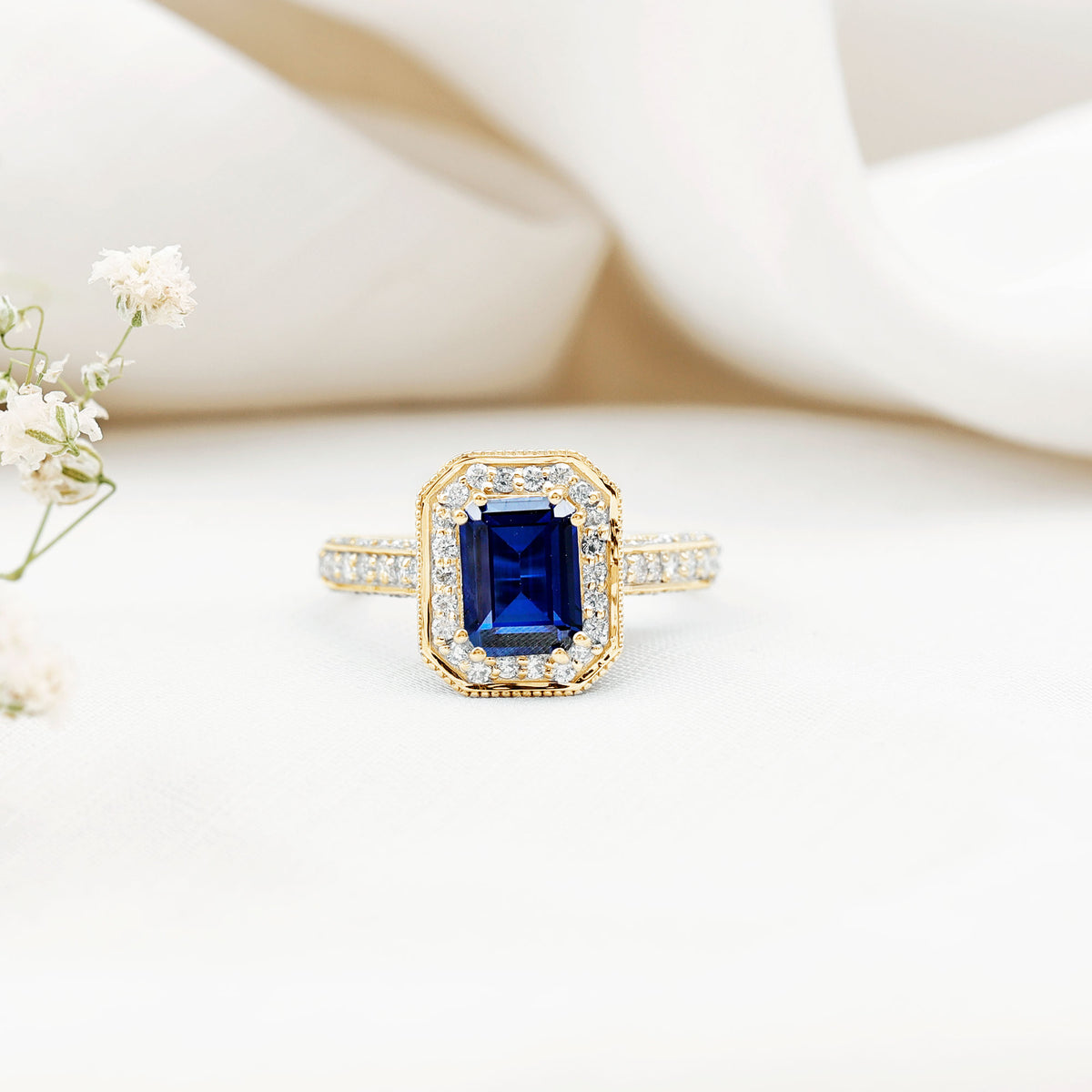 Certified 1.7 Carat Lab Grown Blue Sapphire Emerald Cut Engagement Ring with Diamond Halo AAAA - Rosec Jewels