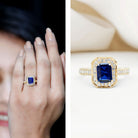 Certified 1.7 Carat Lab Grown Blue Sapphire Emerald Cut Engagement Ring with Diamond Halo AAAA - Rosec Jewels
