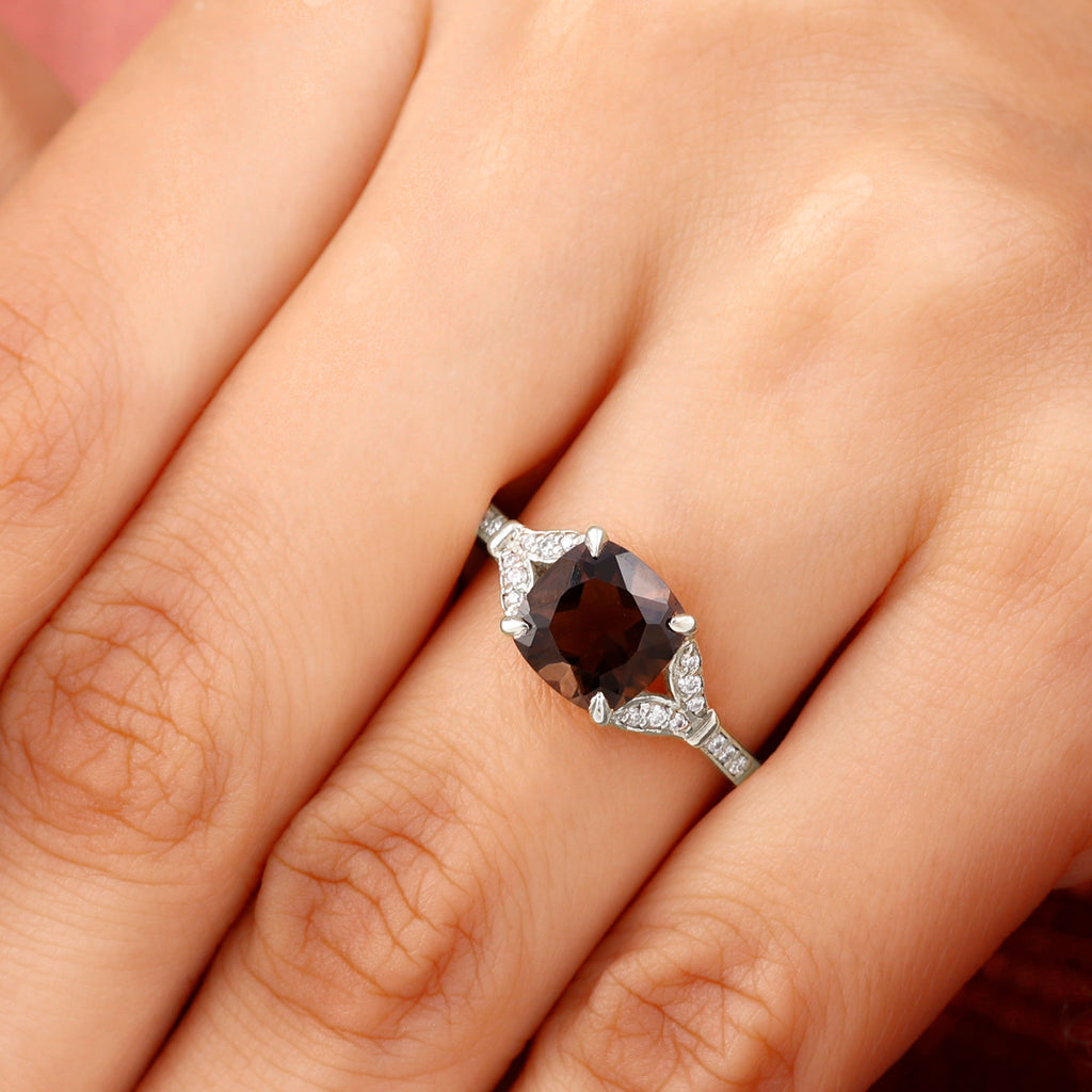 Cushion Cut Smoky Quartz and Diamond Solitaire Engagement Ring Smoky Quartz - ( AAA ) - Quality - Rosec Jewels