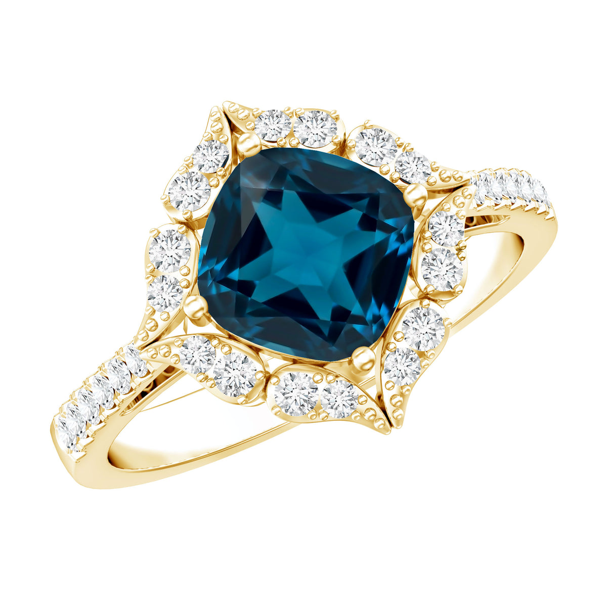 2.8 Carat Cushion Cut London Blue Topaz Nature Engagement Ring with Diamond Halo AAA - Rosec Jewels