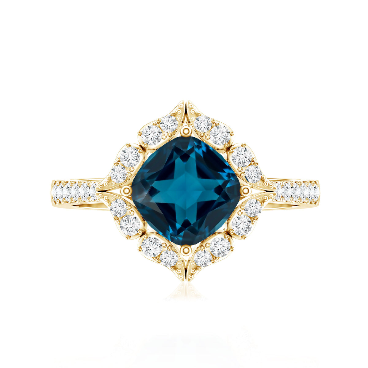 2.8 Carat Cushion Cut London Blue Topaz Nature Engagement Ring with Diamond Halo AAA - Rosec Jewels