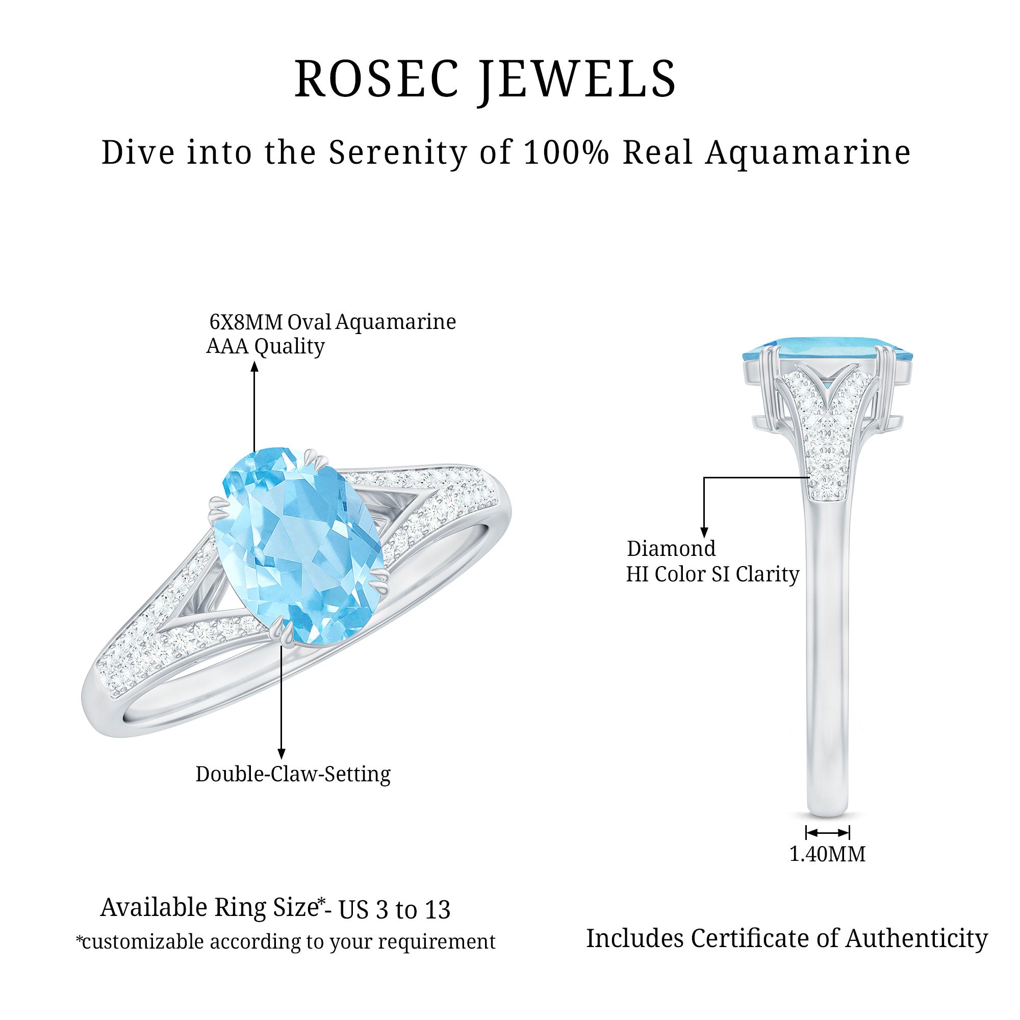 Rosec Jewels-Genuine 1 Carat Oval Aquamarine Engagement Ring with Diamond Split Shank