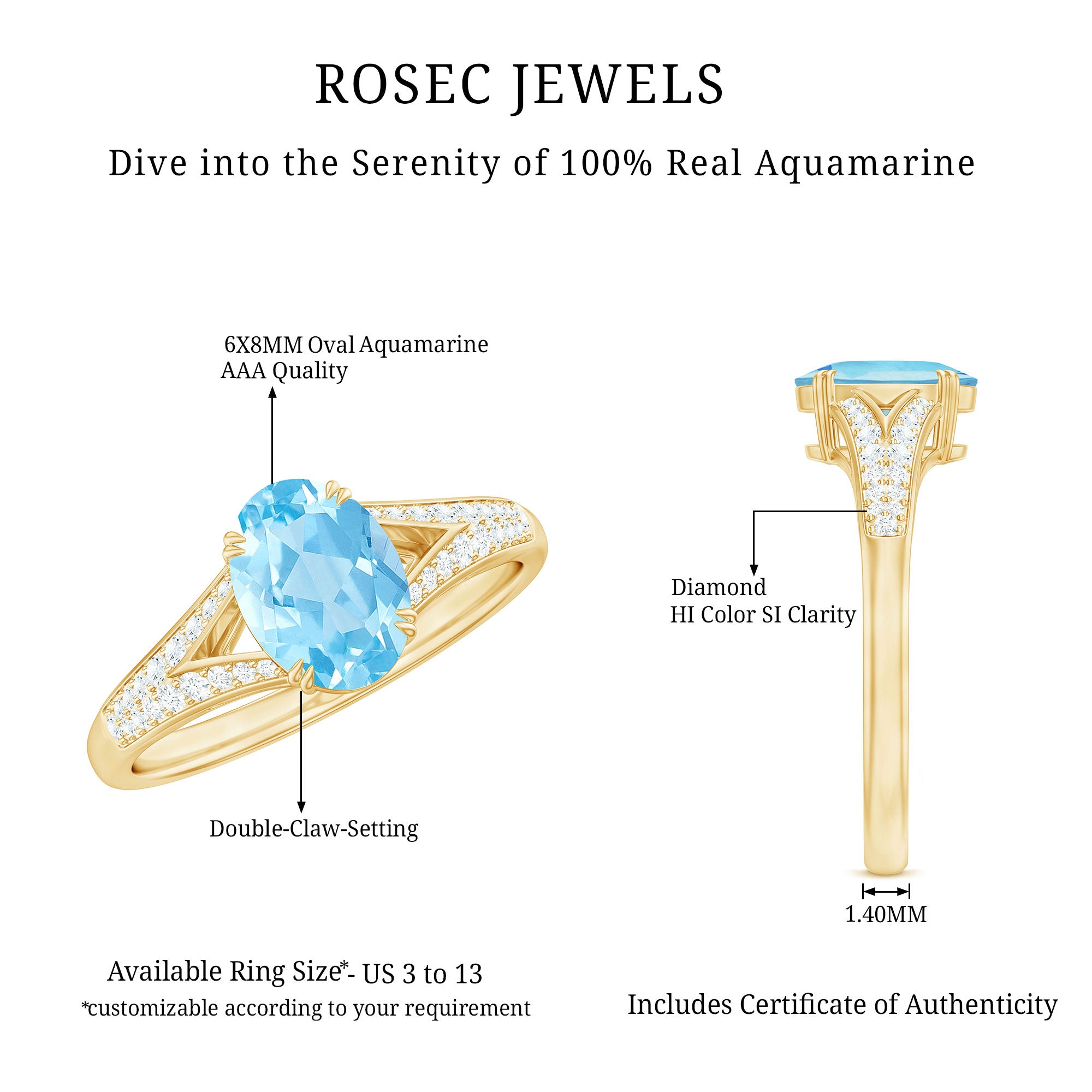 Rosec Jewels-Genuine 1 Carat Oval Aquamarine Engagement Ring with Diamond Split Shank