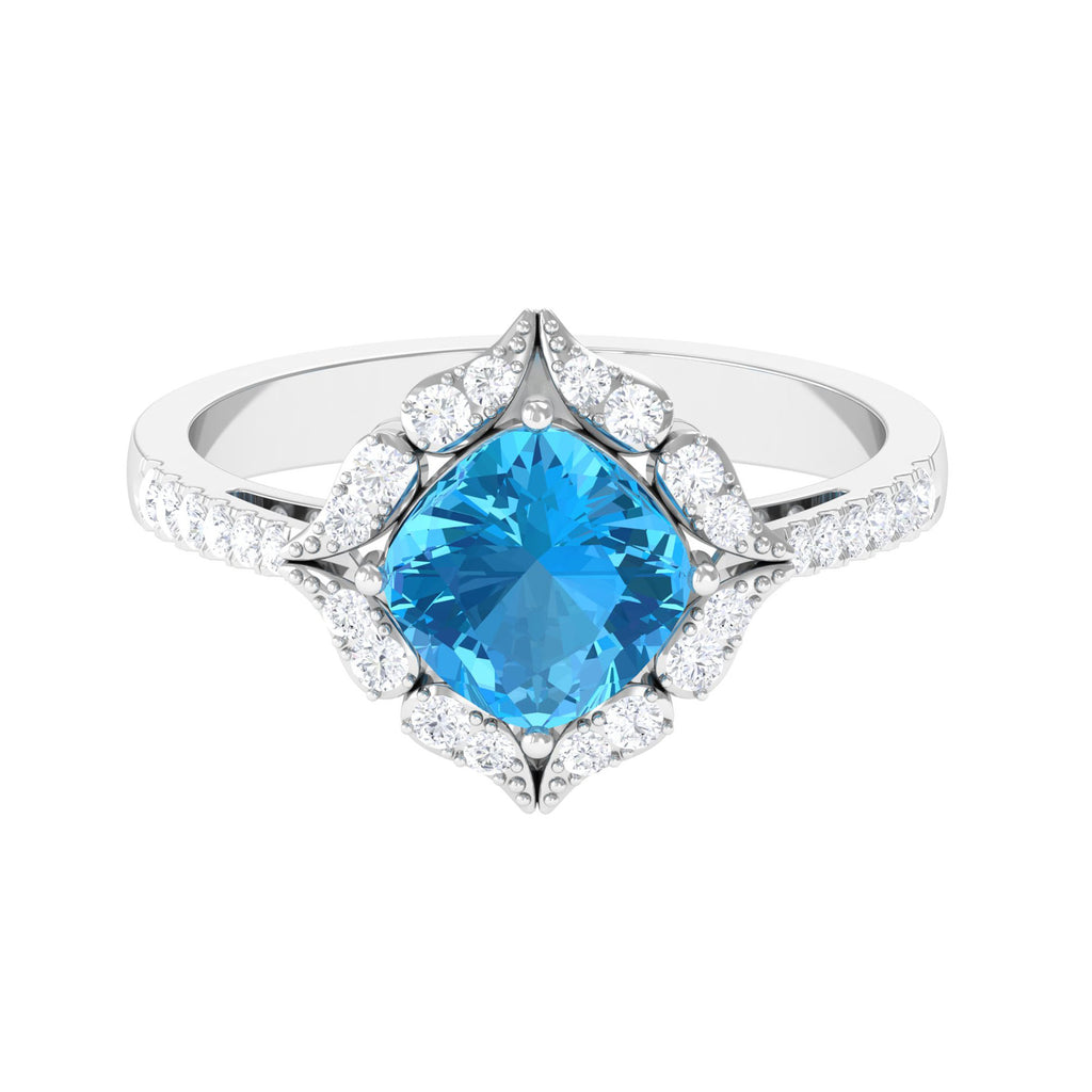 7 MM Art Deco Cushion Cut Swiss Blue Topaz Solitaire with Diamond Side Stone Ring Swiss Blue Topaz - ( AAA ) - Quality - Rosec Jewels
