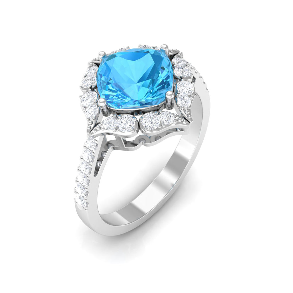7 MM Art Deco Cushion Cut Swiss Blue Topaz Solitaire with Diamond Side Stone Ring Swiss Blue Topaz - ( AAA ) - Quality - Rosec Jewels