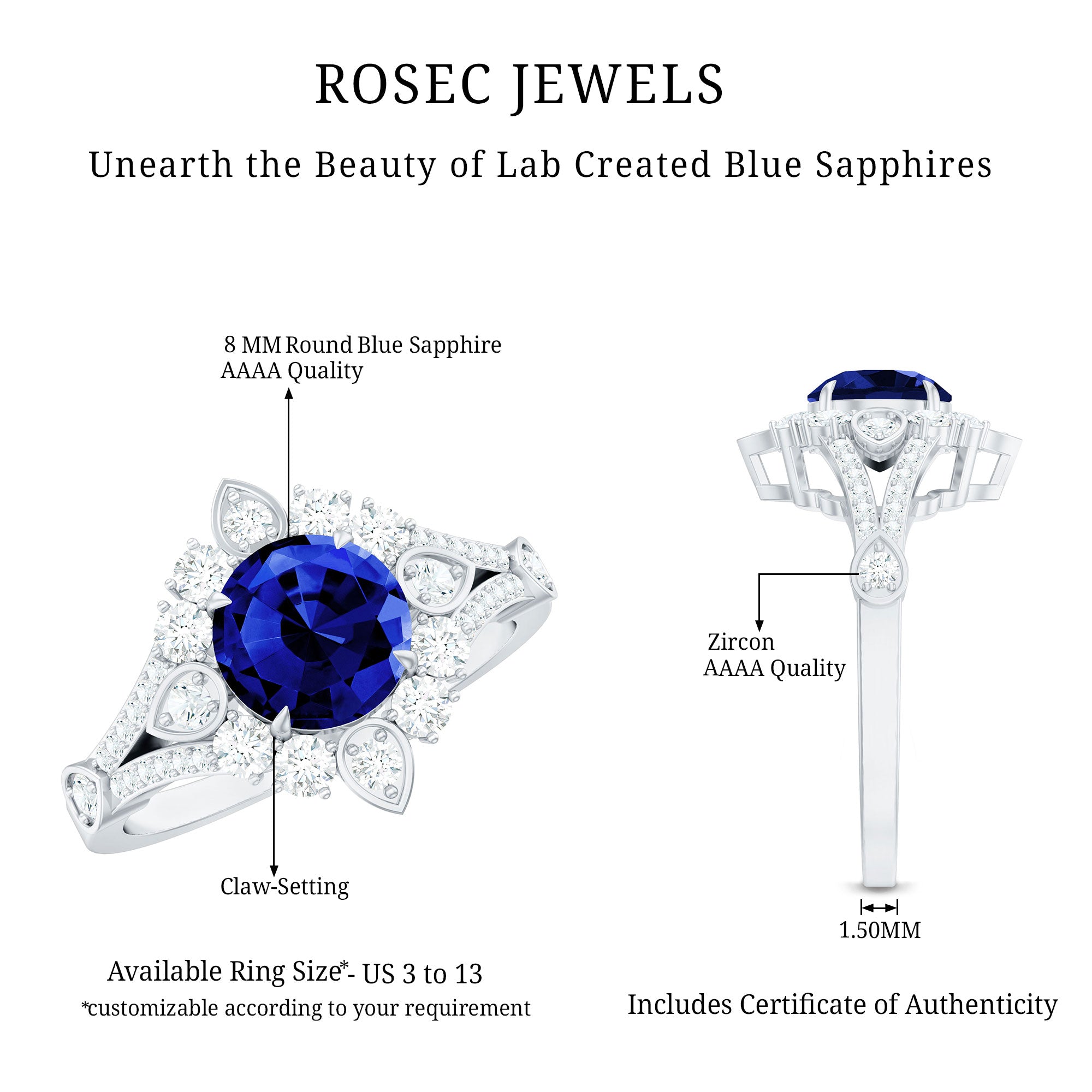 Certified 2.7 Carat Lab Grown Blue Sapphire Flower Engagement Ring with Diamond AAAA - Rosec Jewels