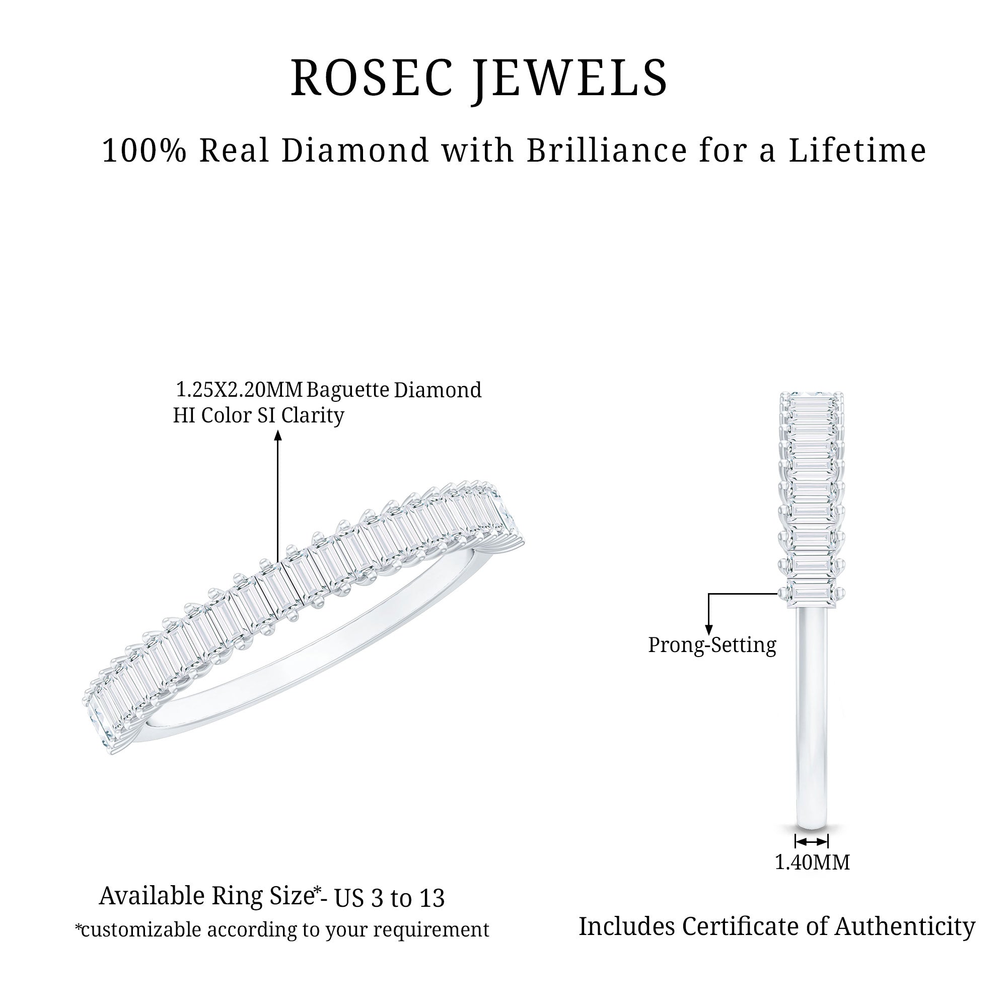 Natural Baguette Diamond Half Eternity Ring for Anniversary Natural - ( HI-SI ) - Rosec Jewels