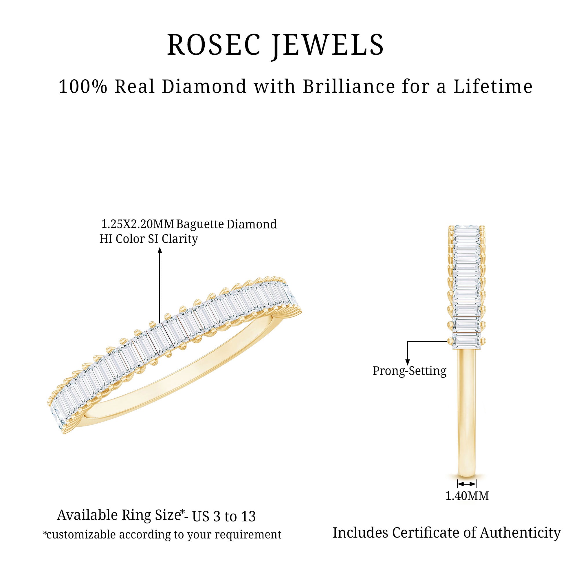Natural Baguette Diamond Half Eternity Ring for Anniversary Natural - ( HI-SI ) - Rosec Jewels