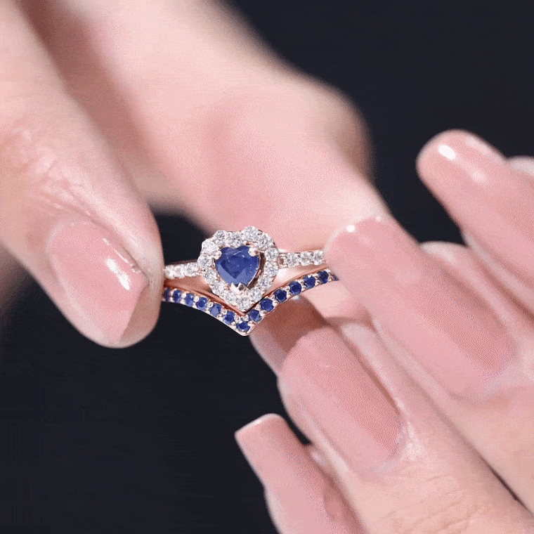 Lab Grown Blue Sapphire and Diamond Heart Wedding Ring Set Lab Created Blue Sapphire - ( AAAA ) - Quality - Rosec Jewels