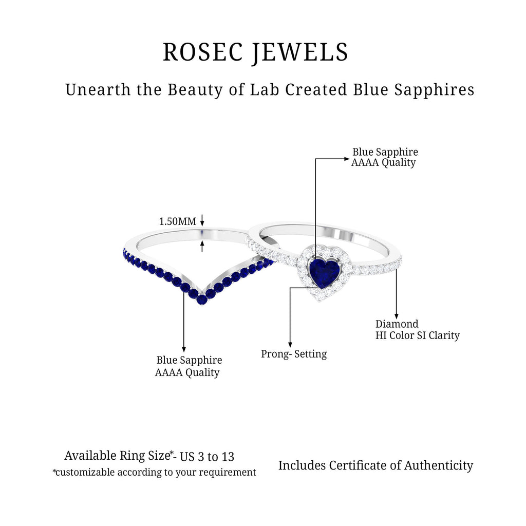Lab Grown Blue Sapphire and Diamond Heart Wedding Ring Set Lab Created Blue Sapphire - ( AAAA ) - Quality - Rosec Jewels
