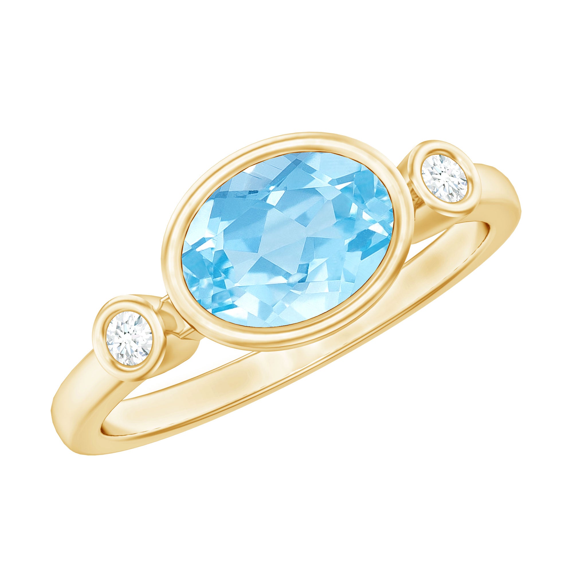 Bezel Set Aquamarine and Diamond East West Engagement Ring AAA - Rosec Jewels