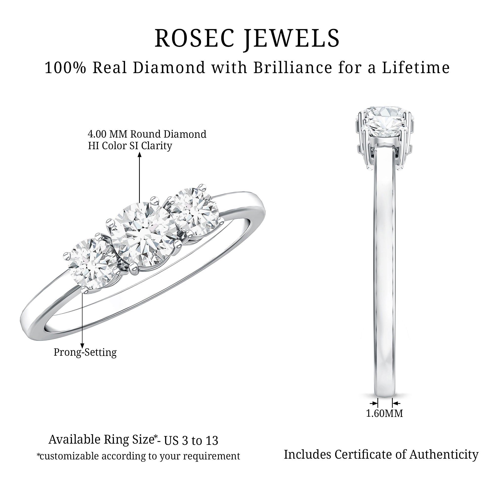 Rosec Jewels-Natural Diamond 3 Stone Engagement Ring with Certificate