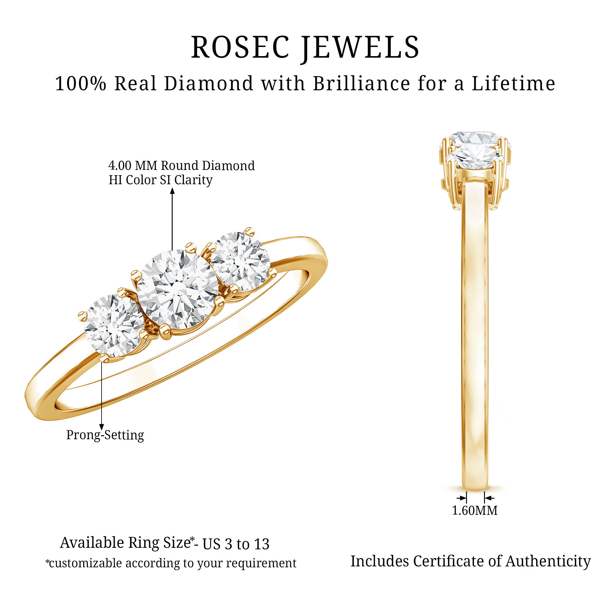 Rosec Jewels-Natural Diamond 3 Stone Engagement Ring with Certificate