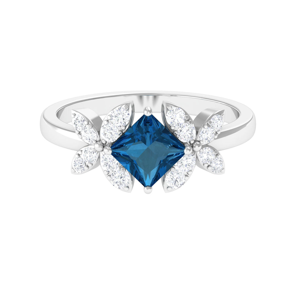 Rosec Jewels - 1.50 CT Princess Cut London Blue Topaz and Diamond Floral Engagement Ring