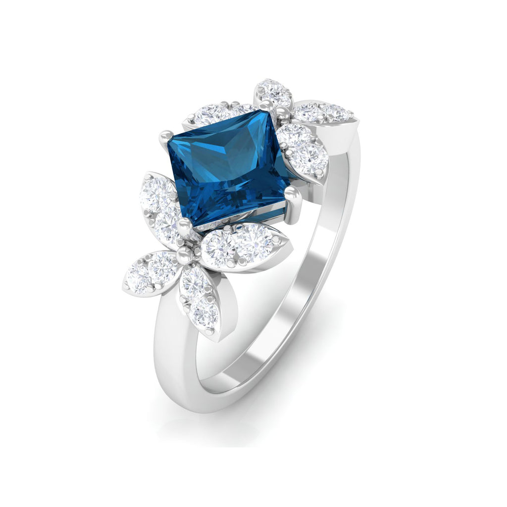 Rosec Jewels - 1.50 CT Princess Cut London Blue Topaz and Diamond Floral Engagement Ring