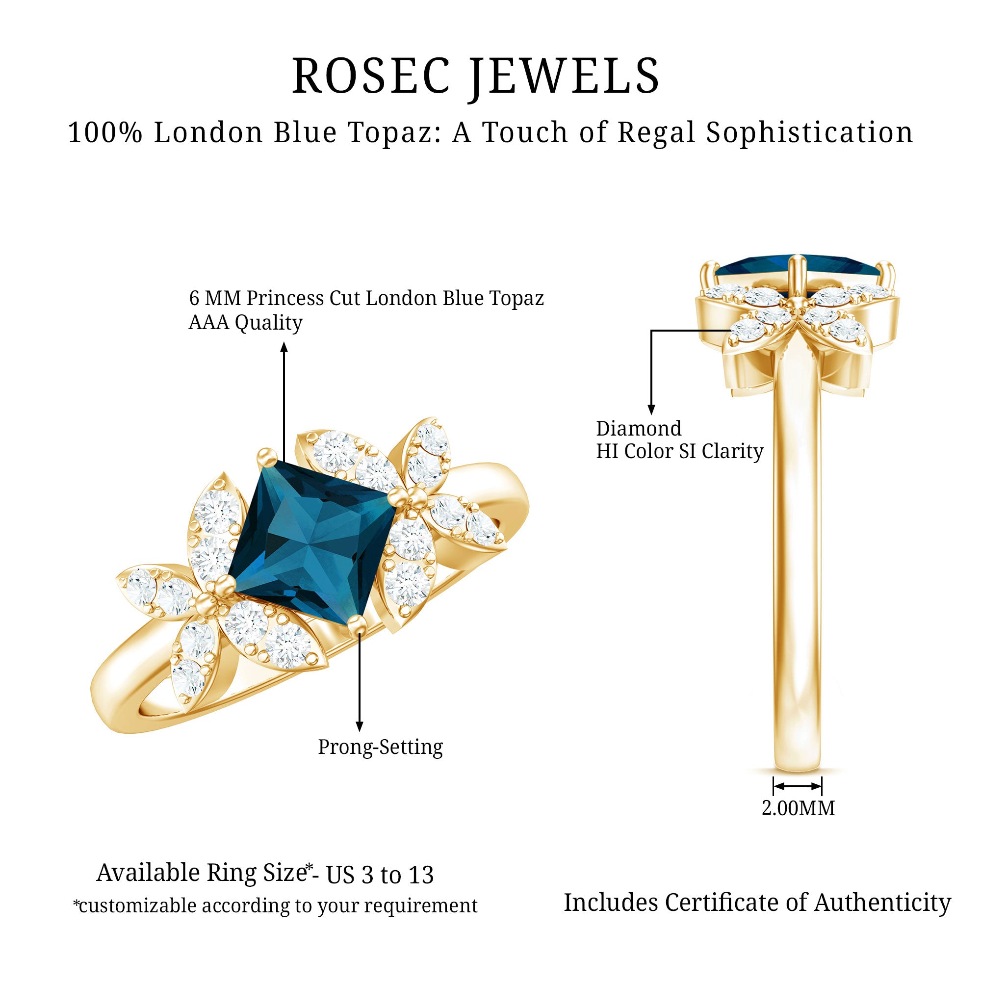 6mm Princess Cut London Blue Topaz Floral Engagement Ring with Diamond AAA - Rosec Jewels
