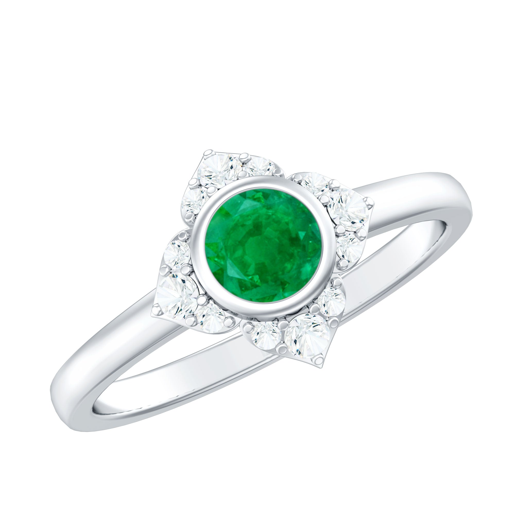 Rosec Jewels-Natural Bezel Set 5mm Emerald Flower Engagement Ring with Diamond
