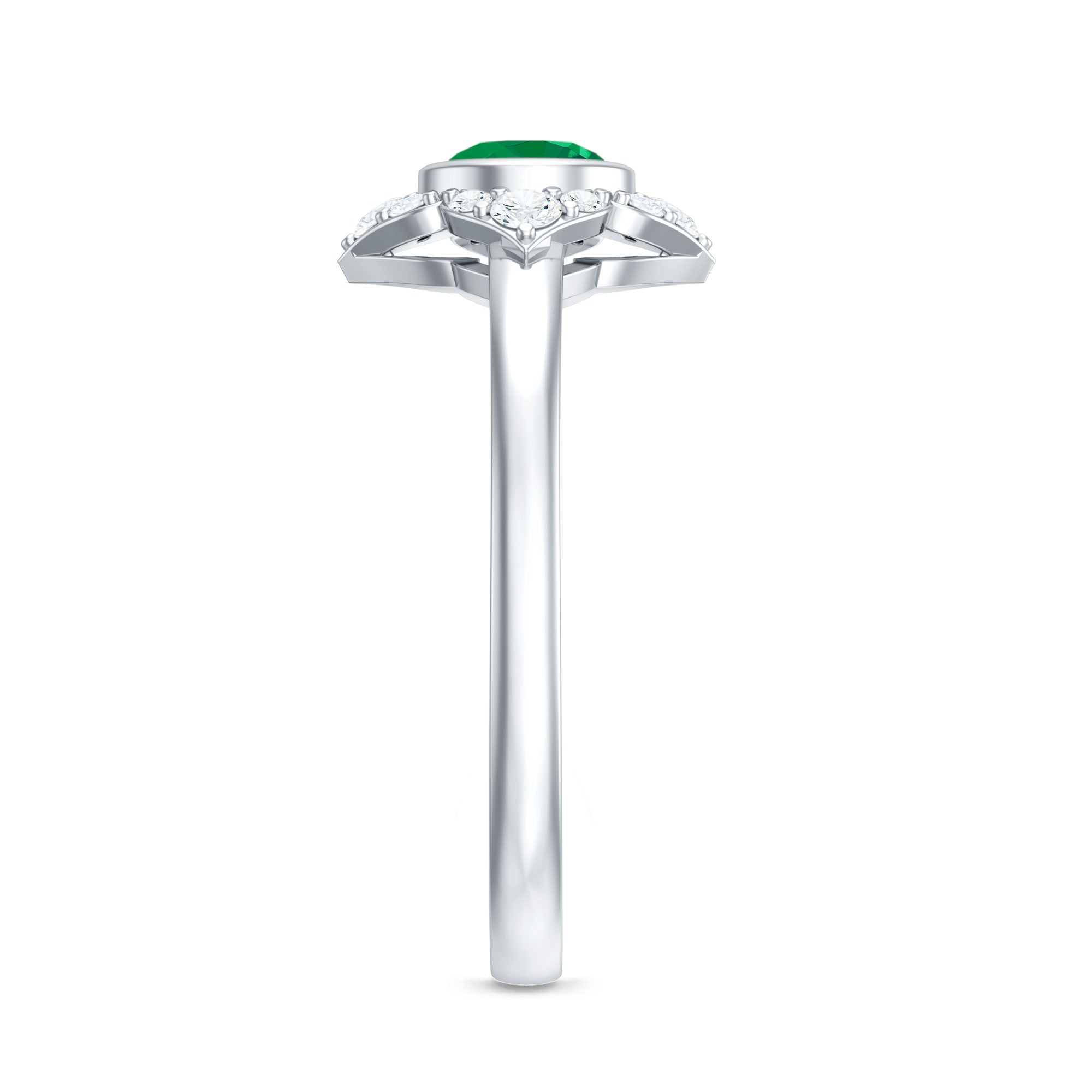 Rosec Jewels-Natural Bezel Set 5mm Emerald Flower Engagement Ring with Diamond