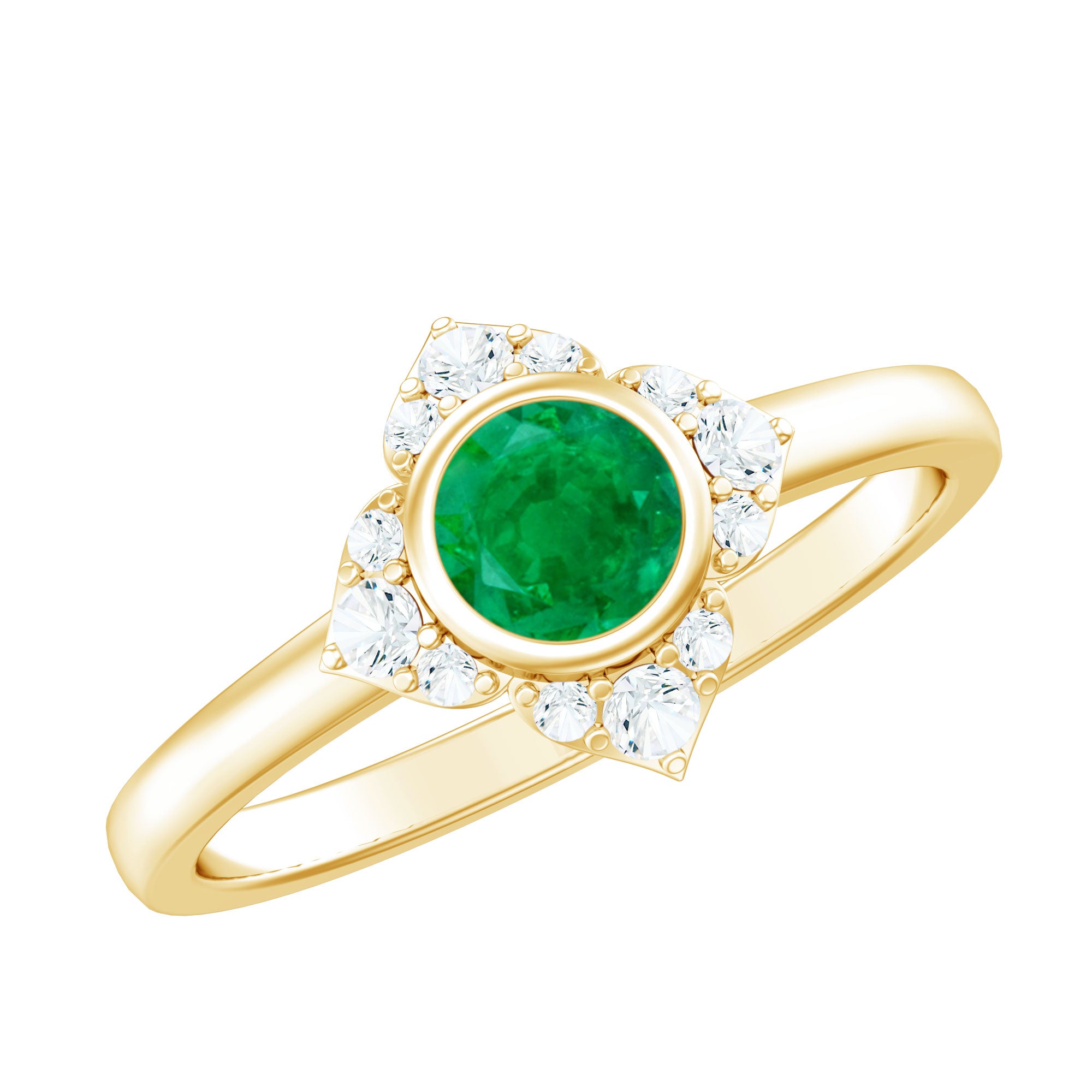 Rosec Jewels-Natural Bezel Set 5mm Emerald Flower Engagement Ring with Diamond