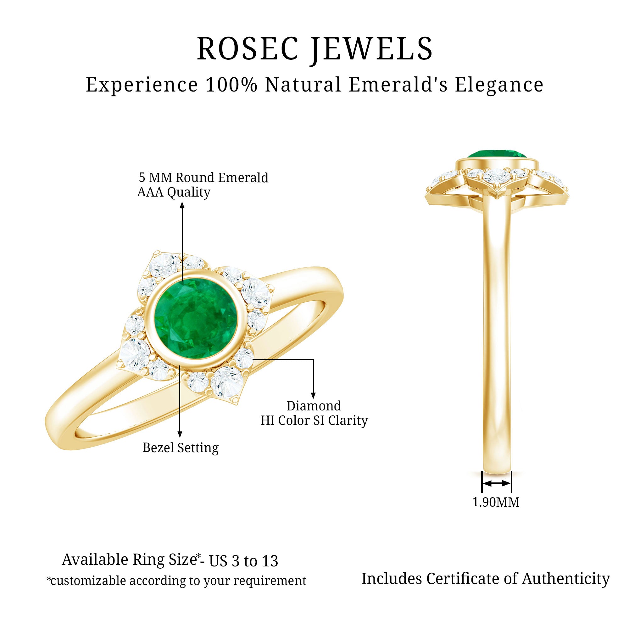 Rosec Jewels-Natural Bezel Set 5mm Emerald Flower Engagement Ring with Diamond