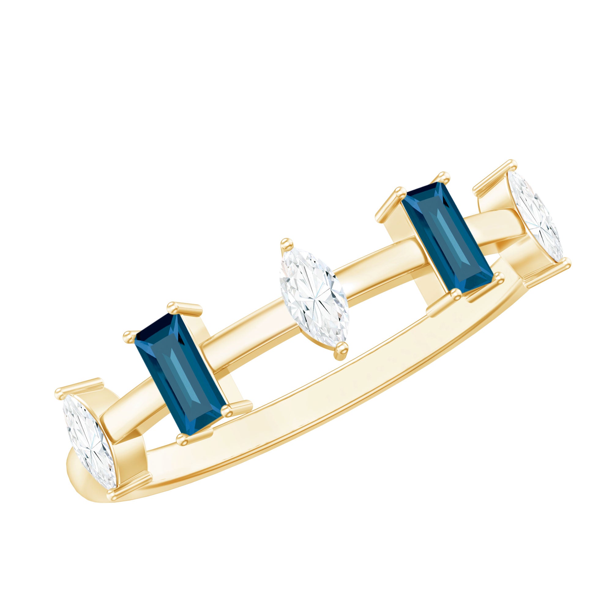 Baguette London Blue Topaz and Marquise Diamond Half Eternity Ring AAA - Rosec Jewels