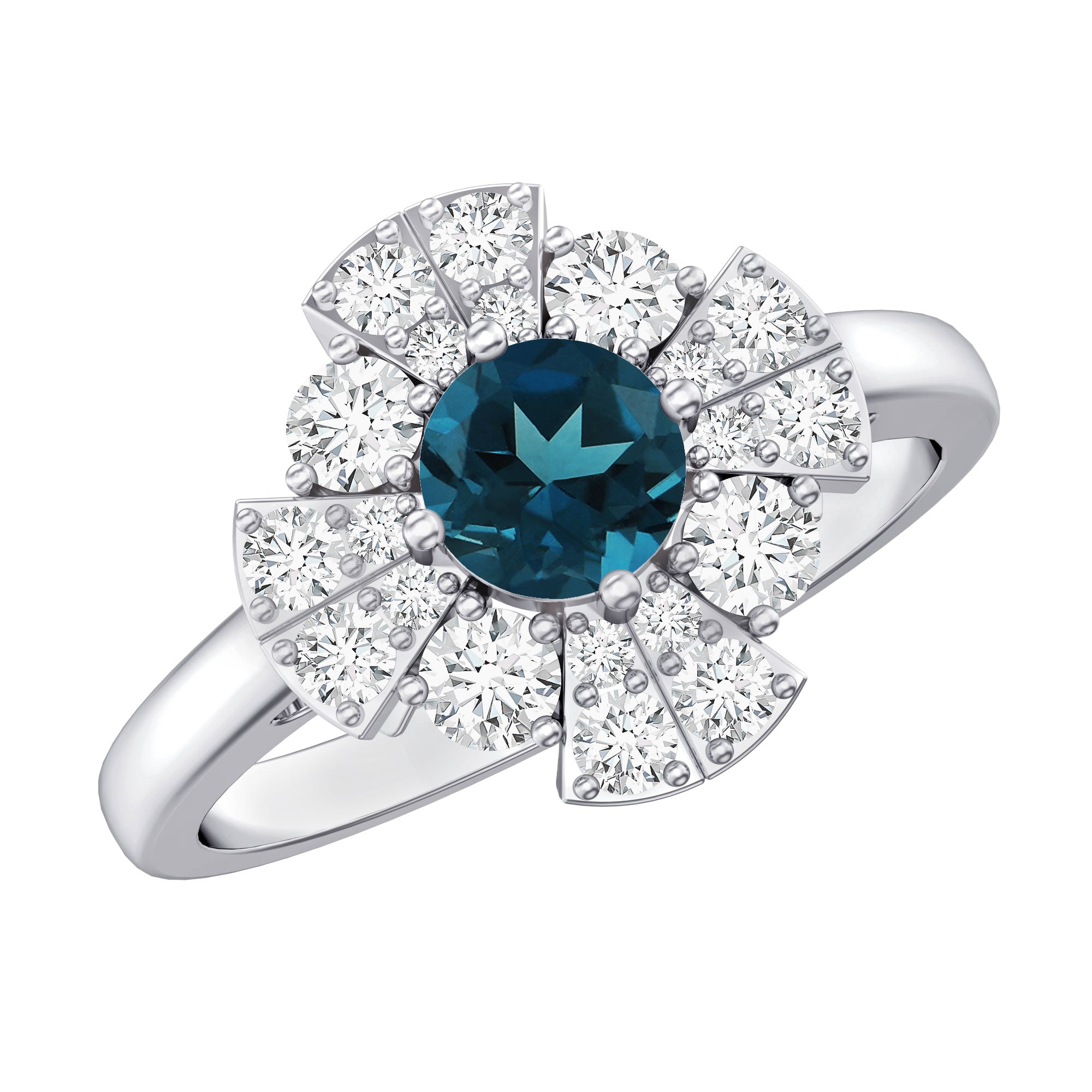 Rosec Jewels-London Blue Topaz Floral Engagement Ring with Diamond