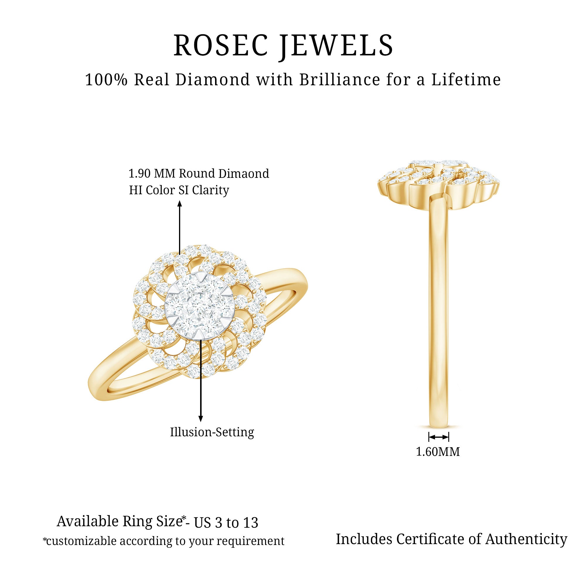 Certified Natural Diamond Flower Engagement Ring in Illusion Set Natural - ( HI-SI ) - Rosec Jewels